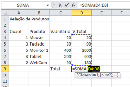 No caso a função a ser utilizada é a função SOMA, a sua estrutura é =SOMA(CelIni:Celfim), ou seja, inicia-se com o sinal de igual (=), escreve-se o nome da função, abrem-se parênteses, clica-se na