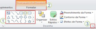 A Faixa de Opções contém os comandos e os outros itens de menu presentes nos menus e barras de ferramentas do PowerPoint 2003 e de versões anteriores.