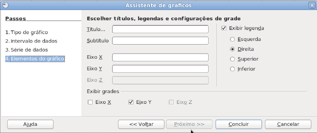 Clicando em Próximo, torna-se possível aplicar no gráfico algumas opções tais como: linhas de grade aparentes (linhas que servem como referência), mostrar elementos de texto, variantes de aspecto,