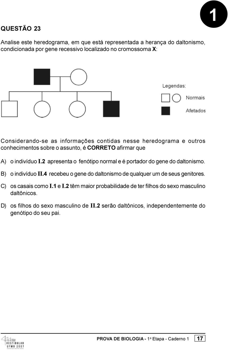 2 apresenta o fenótipo normal e é portador do gene do daltonismo. B) o indivíduo II.4 recebeu o gene do daltonismo de qualquer um de seus genitores.