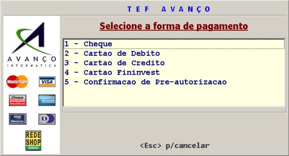 PAF-ECF AVANÇO INFORMÁTICA 27 Tipos forma de pagamento Podemos configurar as formas de pagamento no Supervisor do Frente Avanço.