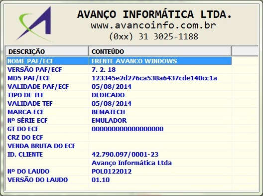 PAF-ECF AVANÇO INFORMÁTICA 50 Ao selecionar esta opção o sistema irá mostrar informações sobre o PAF-ECF, como, Versão, validade, número de série do ECF, etc. Arquivos Gerados pelo PAF-ECF.