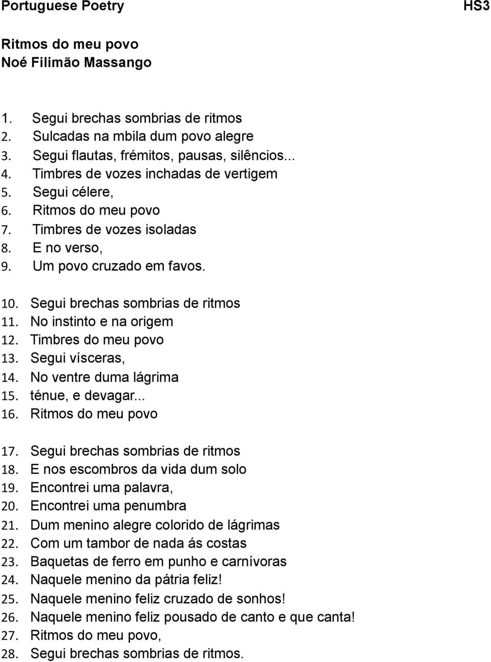 No instinto e na origem 12. Timbres do meu povo 13. Segui vísceras, 14. No ventre duma lágrima 15. ténue, e devagar... 16. Ritmos do meu povo 17. Segui brechas sombrias de ritmos 18.