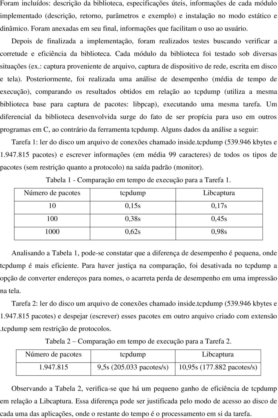 Cada módulo da biblioteca foi testado sob diversas situações (ex.: captura proveniente de arquivo, captura de dispositivo de rede, escrita em disco e tela).