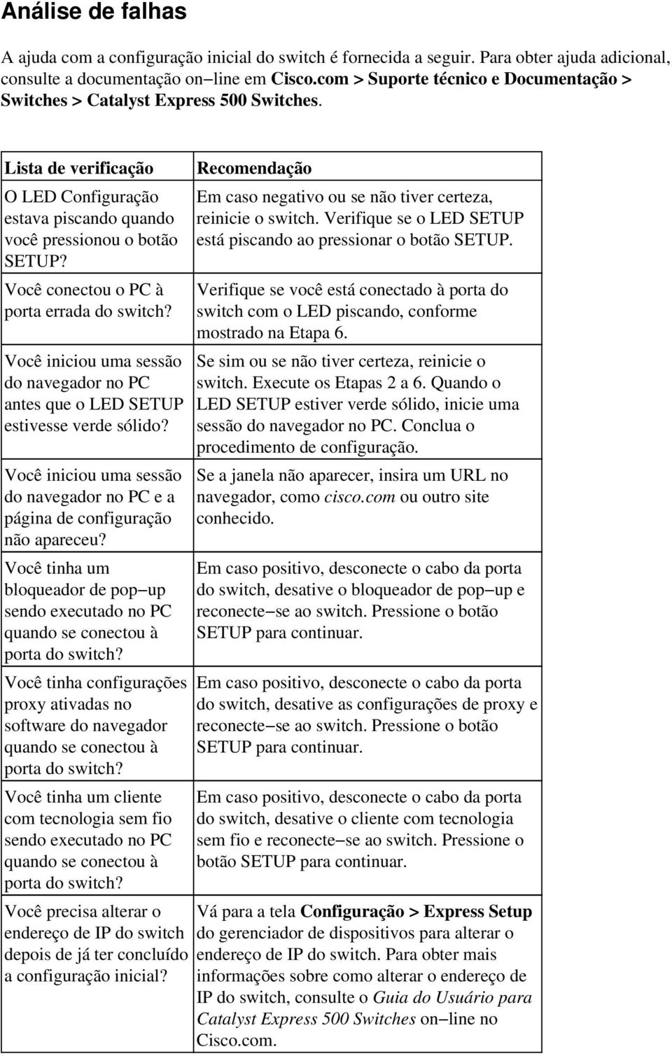 Você conectou o PC à porta errada do switch? Você iniciou uma sessão do navegador no PC antes que o LED SETUP estivesse verde sólido?