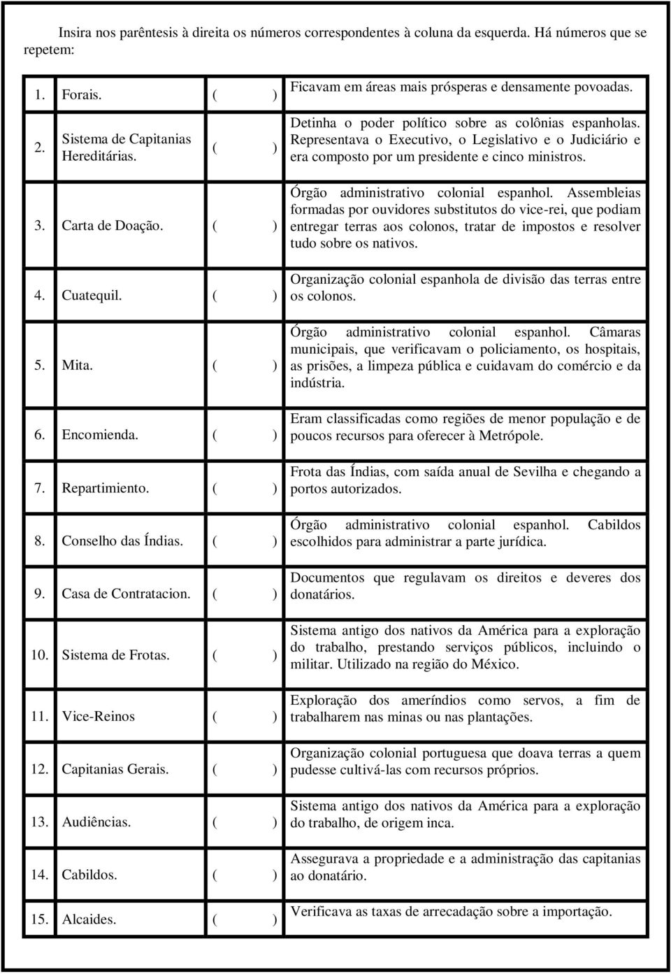 Representava o Executivo, o Legislativo e o Judiciário e era composto por um presidente e cinco ministros. 3. Carta de Doação. ( ) 4. Cuatequil. ( ) 5. Mita. ( ) 6. Encomienda. ( ) 7. Repartimiento.
