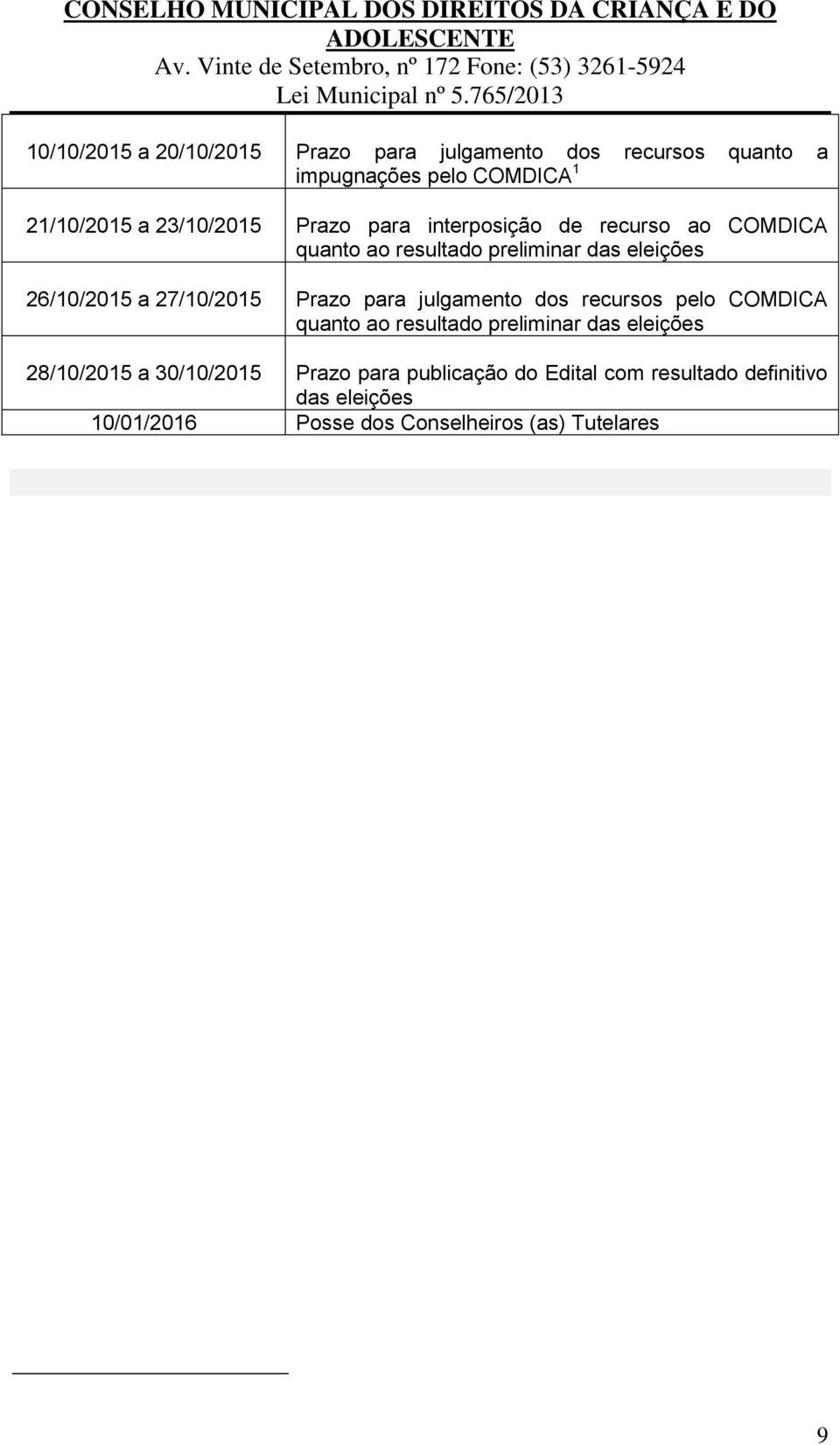 27/10/2015 Prazo para julgamento dos recursos pelo COMDICA quanto ao resultado preliminar das eleições 28/10/2015 a