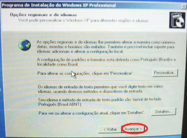 Voltar Avançar Início Esta é a tela de configuração de opções regionais e de idiomas,