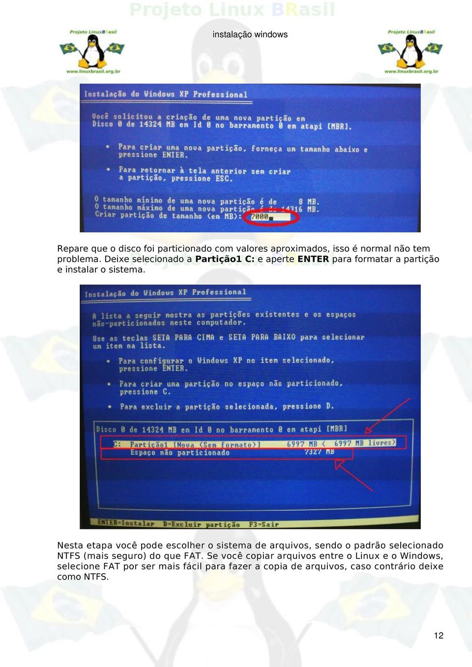 Nesta etapa você pode escolher o sistema de arquivos, sendo o padrão selecionado NTFS (mais seguro) do que FAT.