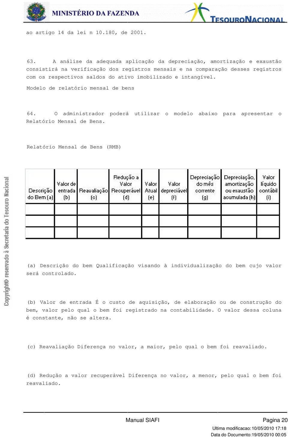 de Bens (RMB) (a) Descrição do bem Qualificação visando à individualização do bem cujo valor será controlado (b) Valor de entrada É o custo de aquisição, de elaboração ou de construção do bem, valor