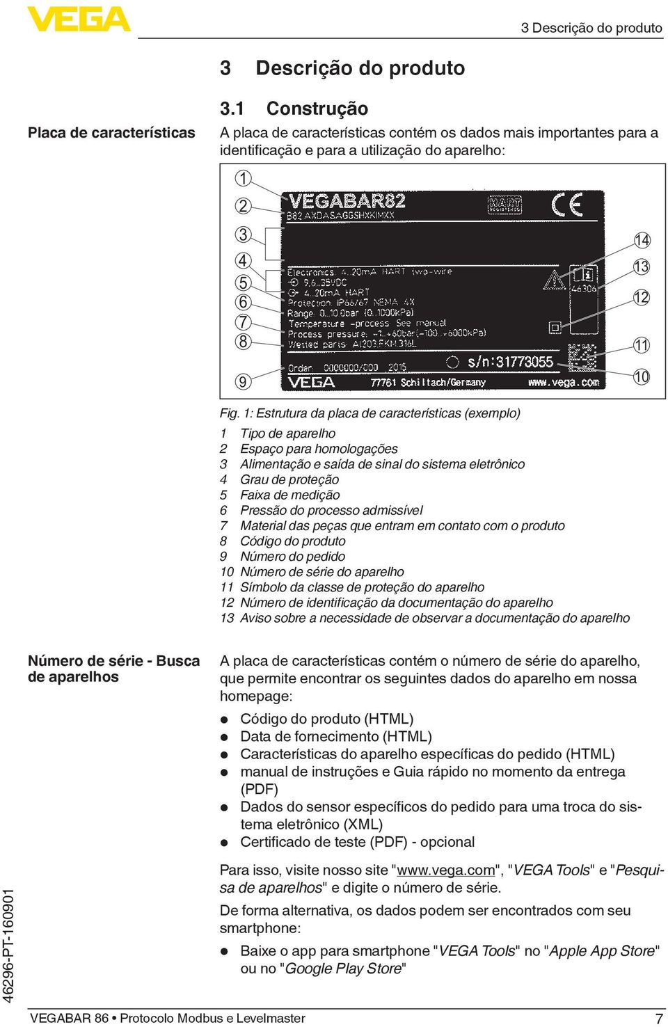 1: Estrutura da placa de características (exemplo) 1 Tipo de aparelho 2 Espaço para homologações 3 Alimentação e saída de sinal do sistema eletrônico 4 Grau de proteção 5 Faixa de medição 6 Pressão