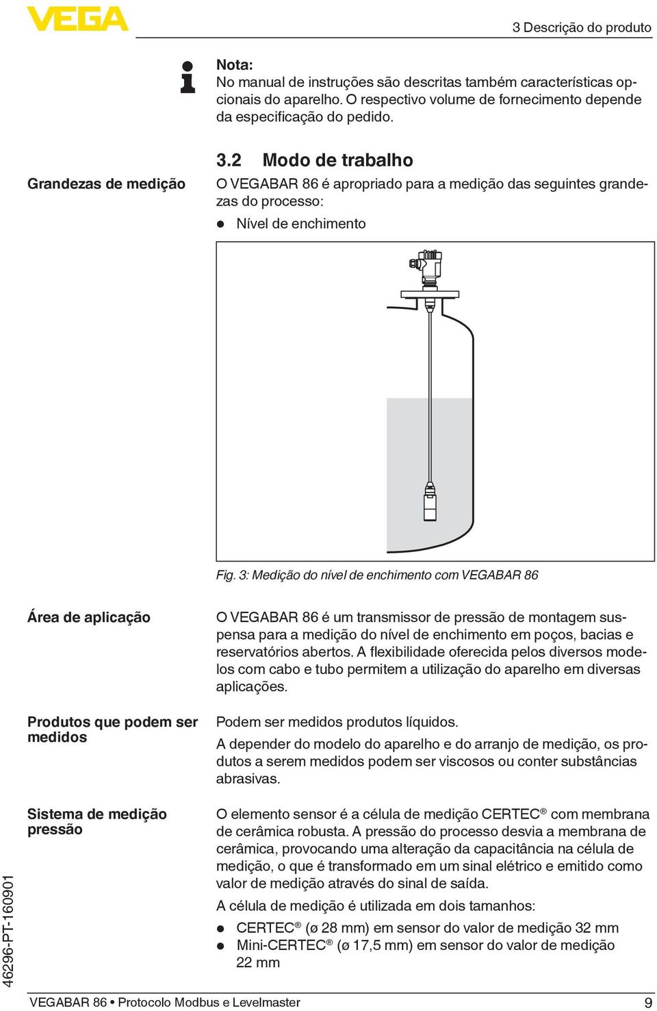 3: Medição do nível de enchimento com VEGABAR 86 Área de aplicação Produtos que podem ser medidos O VEGABAR 86 é um transmissor de pressão de montagem suspensa para a medição do nível de enchimento