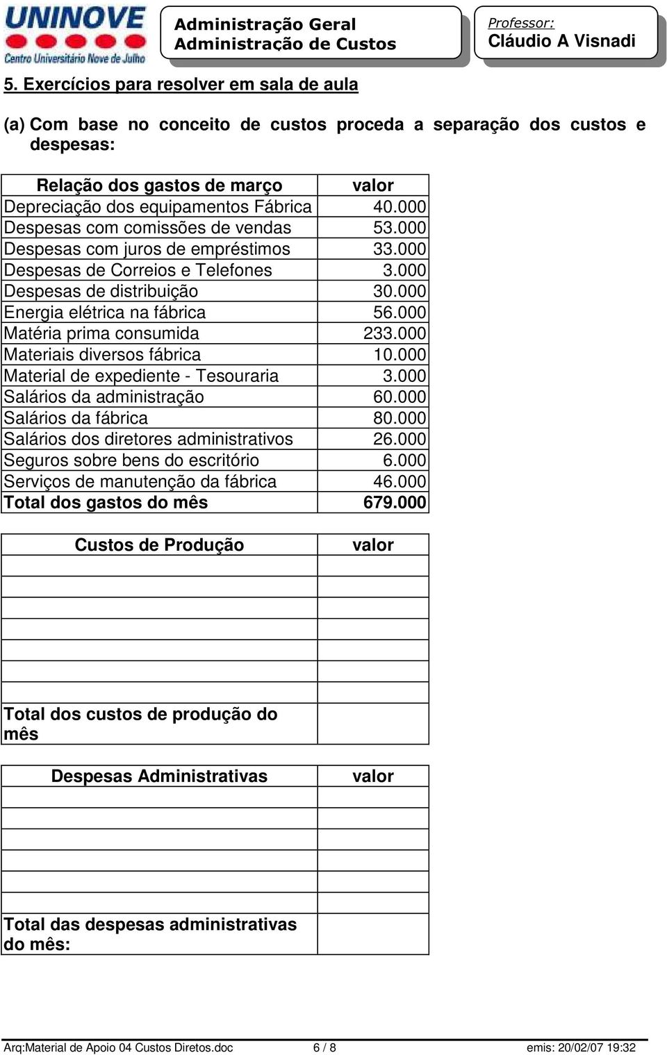 000 Matéria prima consumida 233.000 Materiais diversos fábrica 10.000 Material de expediente - Tesouraria 3.000 Salários da administração 60.000 Salários da fábrica 80.