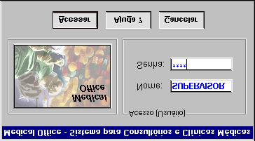 6) Acessando o Medical Office, aparecerá a tela a seguir, inicialmente digite no nome SUPERVISOR e na senha 1996, e ao final clique em Acessar 7) Após a instalação do programa de captura de vídeo e o
