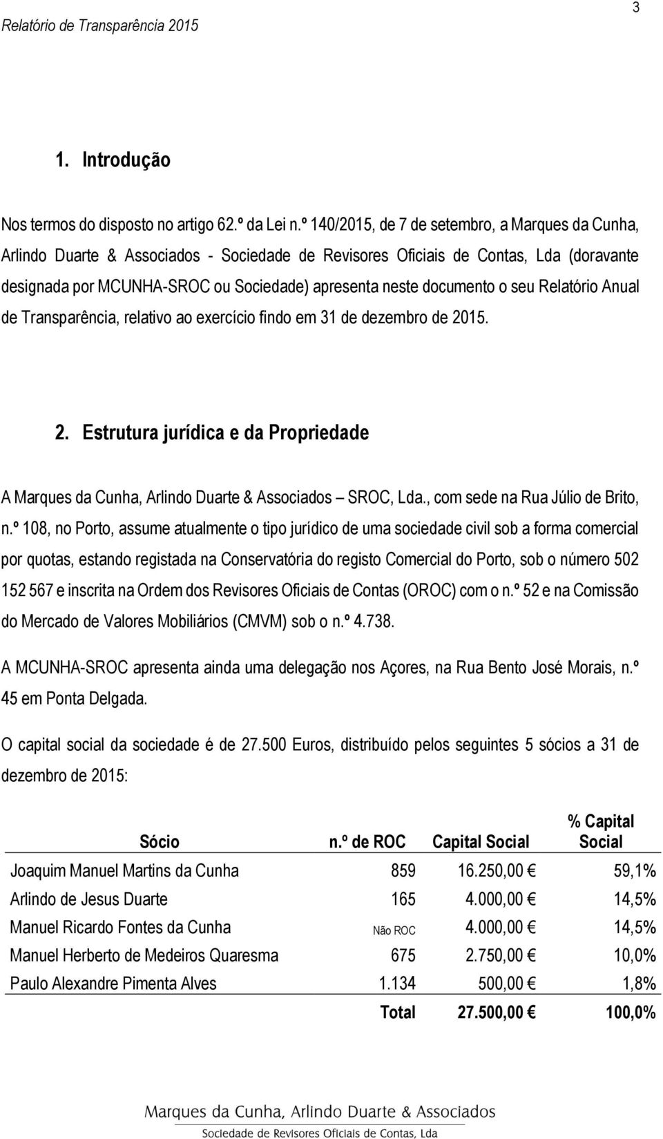 documento o seu Relatório Anual de Transparência, relativo ao exercício findo em 31 de dezembro de 2015. 2. Estrutura jurídica e da Propriedade A Marques da Cunha, Arlindo Duarte & Associados SROC, Lda.