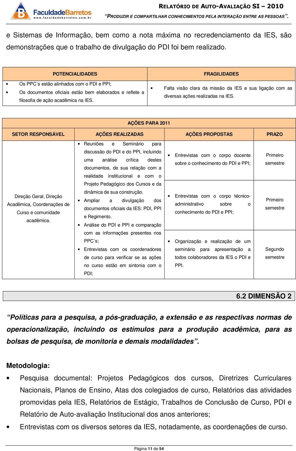 FRAGILIDADES Falta visão clara da missão da IES e sua ligação com as diversas ações realizadas na IES.