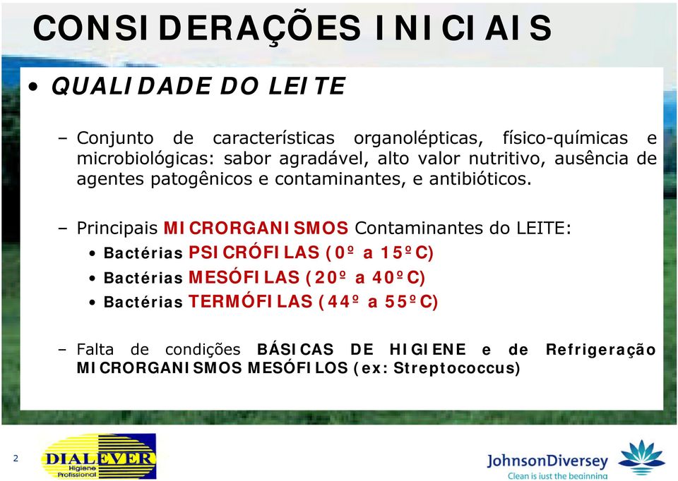 Principais MICRORGANISMOS Contaminantes do LEITE: Bactérias PSICRÓFILAS (0º a 15ºC) Bactérias MESÓFILAS (20º a 40ºC)