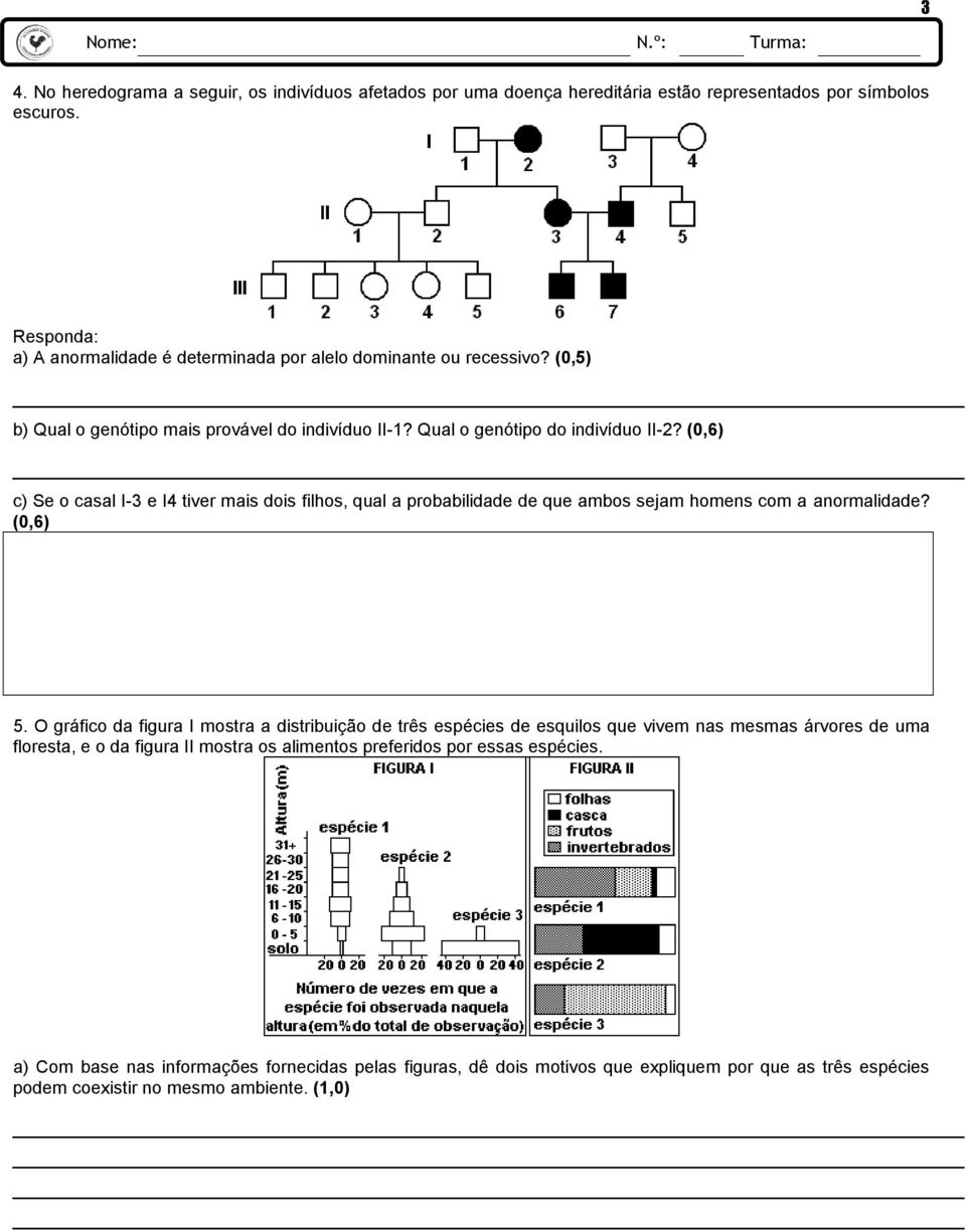 (0,6) c) Se o casal I-3 e I4 tiver mais dois filhos, qual a probabilidade de que ambos sejam homens com a anormalidade? (0,6) 5.