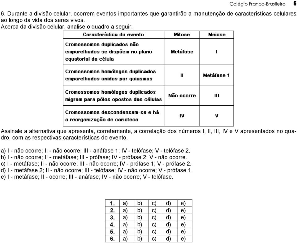 Assinale a alternativa que apresenta, corretamente, a correlação dos números I, II, III, IV e V apresentados no quadro, com as respectivas características do evento.