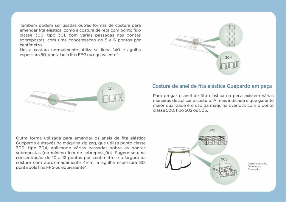 304 301 Costura de anel de fita elástica Guepardo em peça Para pregar o anel de fita elástica na peça existem várias maneiras de aplicar a costura.