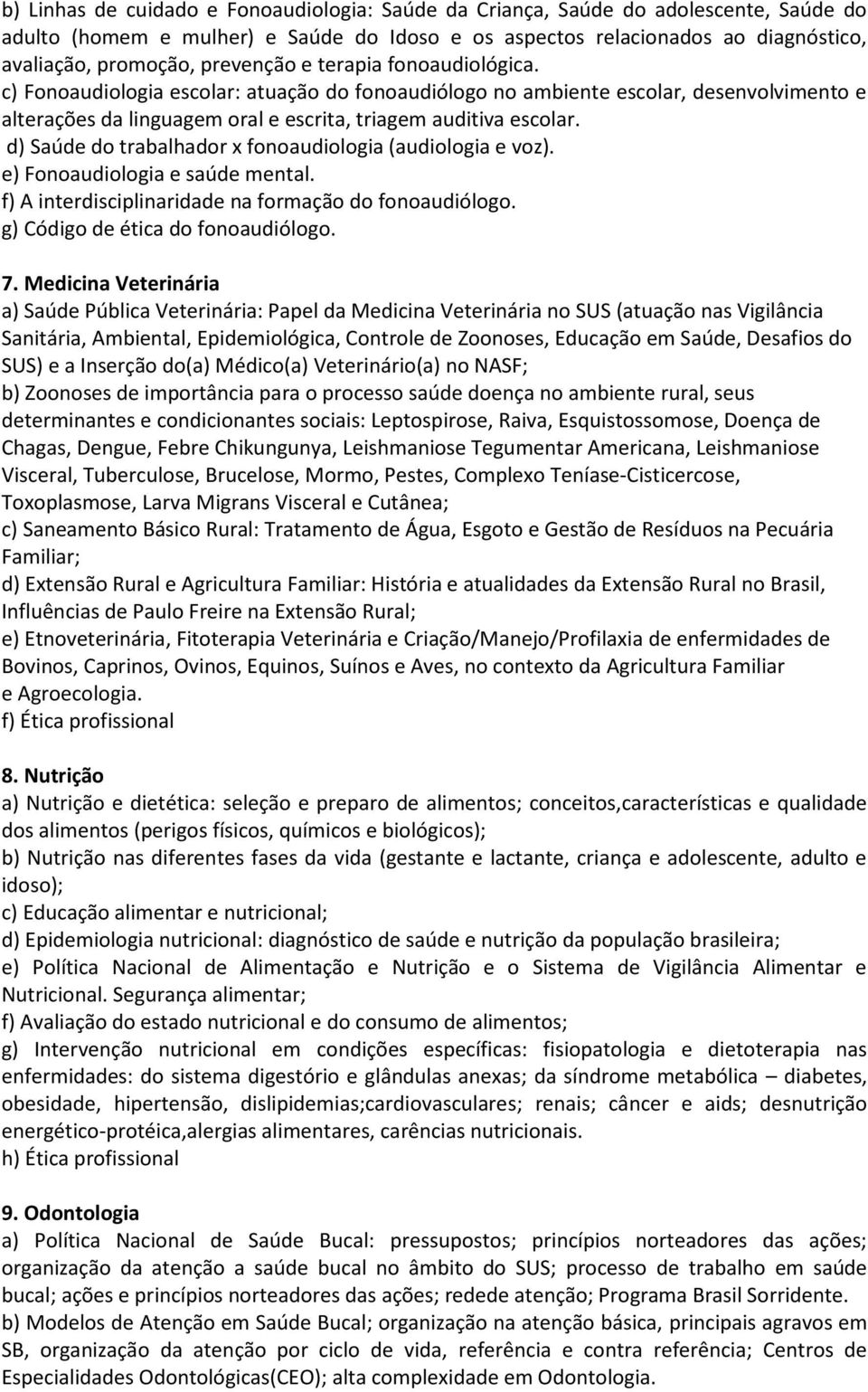 d) Saúde do trabalhador x fonoaudiologia (audiologia e voz). e) Fonoaudiologia e saúde mental. f) A interdisciplinaridade na formação do fonoaudiólogo. g) Código de ética do fonoaudiólogo. 7.