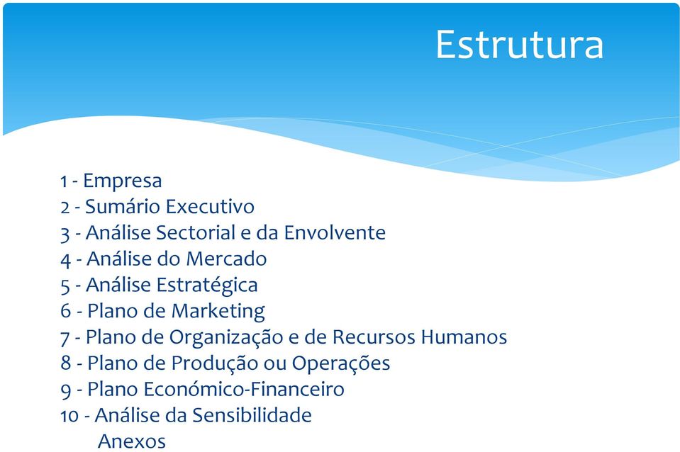 de Organização e de Recursos Humanos 8 - Plano de Produção ou Operações 9 -