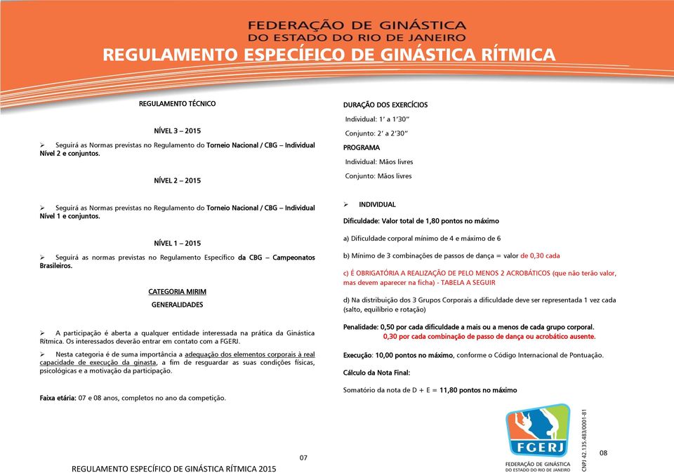 Individual Nível 1 e conjuntos. NÍVL 1 201 Seguirá as normas previstas no Regulamento specífico da CBG Campeonatos Brasileiros.
