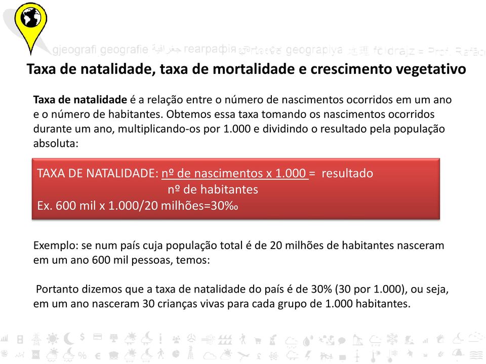 000 e dividindo o resultado pela população absoluta: TAXA DE NATALIDADE: nº de nascimentos x 1.000 = resultado nº de habitantes Ex. 600 mil x 1.