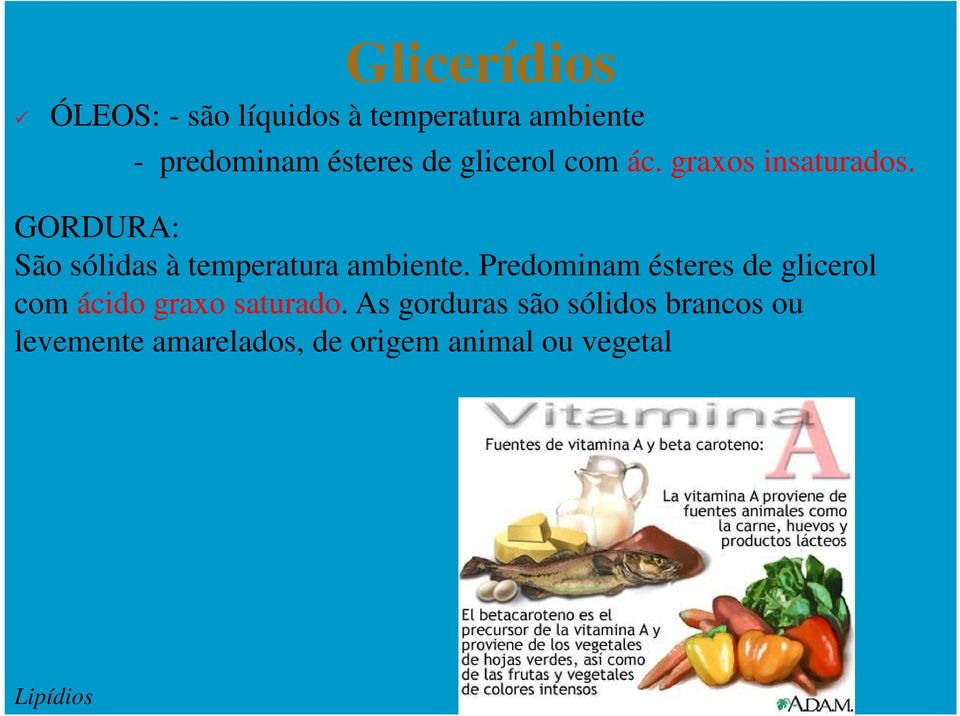 GORDURA: São sólidas à temperatura ambiente.