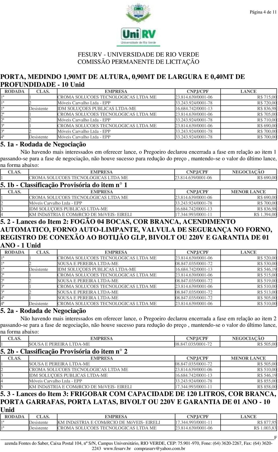 .9/000-78 R$ 700,00 ª Desistente Móveis Carvalho Ltda - EPP..9/000-78 R$ 700,00 5.