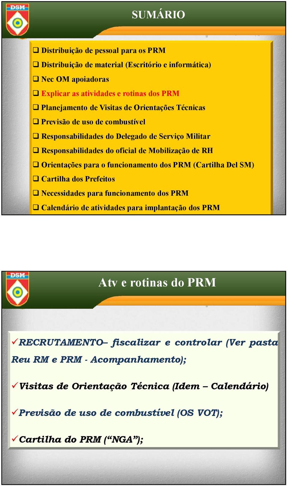 funcionamento dos PRM (Cartilha Del SM) Cartilha dos Prefeitos Necessidades para funcionamento dos PRM Calendário de atividades para implantação dos PRM Atv e rotinas do PRM