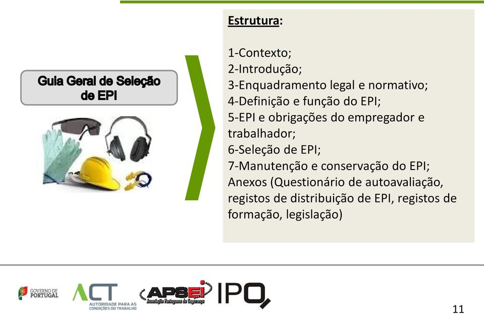 6-Seleção de EPI; 7-Manutenção e conservação do EPI; Anexos (Questionário de