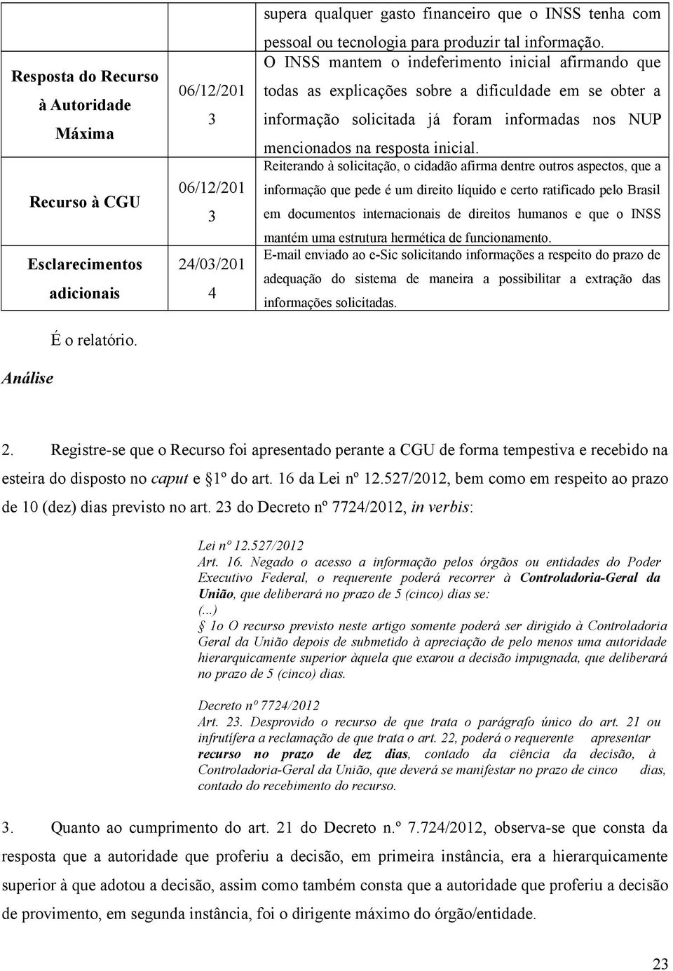 O INSS mantem o indeferimento inicial afirmando que todas as explicações sobre a dificuldade em se obter a informação solicitada já foram informadas nos NUP mencionados na resposta inicial.