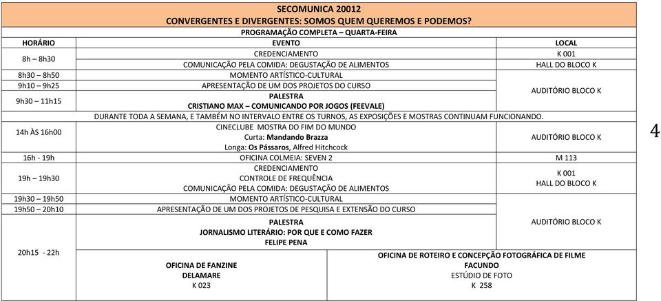 FREQUÊNCIA 19h50 20h10 APRESENTAÇÃO DE UM DOS PROJETOS DE PESQUISA E EXTENSÃO DO CURSO 20h15-22h PALESTRA JORNALISMO LITERÁRIO: POR QUE