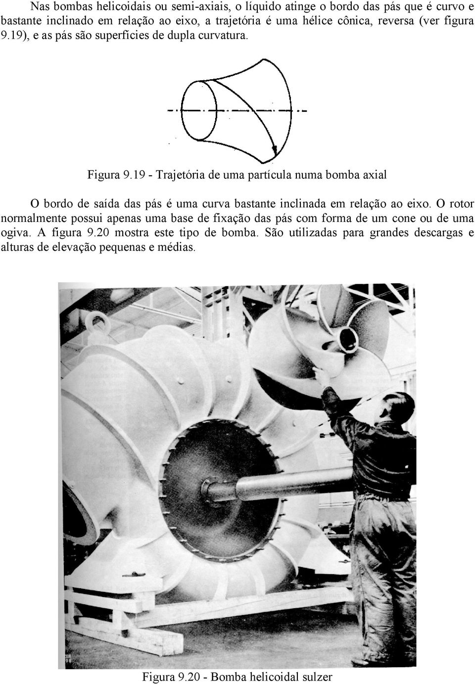 19 - Trajetória de uma partícula numa bomba axial O bordo de saída das pás é uma curva bastante inclinada em relação ao eixo.