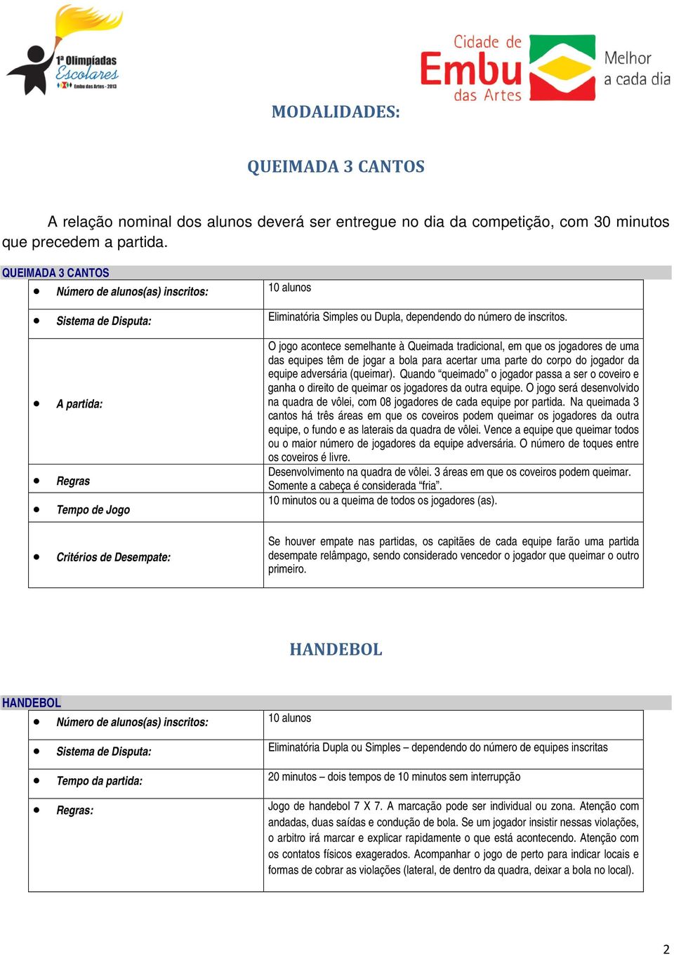 A partida: Regras Tempo de Jogo O jogo acontece semelhante à Queimada tradicional, em que os jogadores de uma das equipes têm de jogar a bola para acertar uma parte do corpo do jogador da equipe