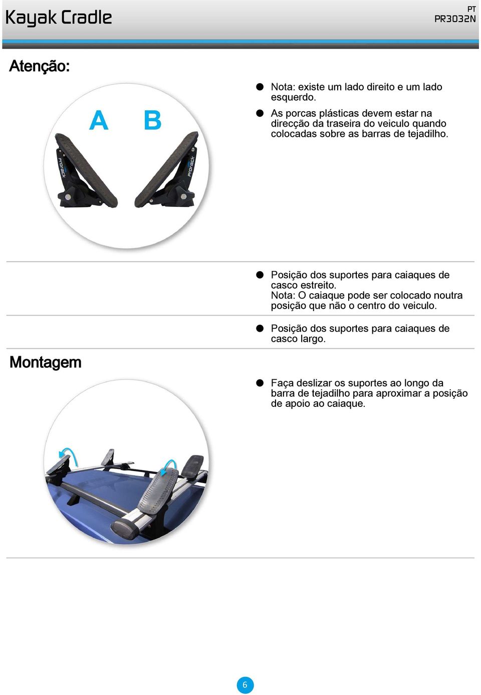 Posição dos suportes para caiaques de casco estreito.