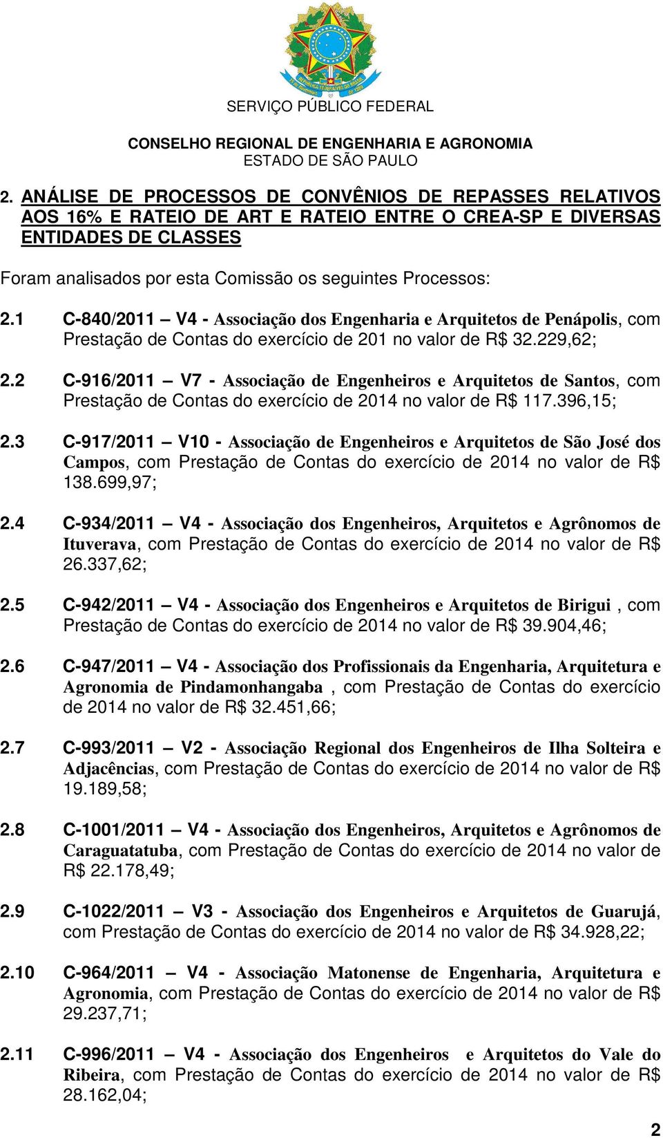 2 C-916/2011 V7 - Associação de Engenheiros e Arquitetos de Santos, com Prestação de Contas do exercício de 2014 no valor de R$ 117.396,15; 2.
