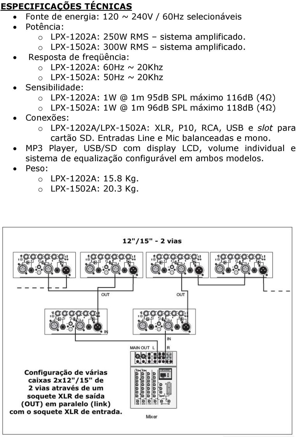 Resposta de freqüência: o LPX-1202A: 60Hz ~ 20Khz o LPX-1502A: 50Hz ~ 20Khz Sensibilidade: o LPX-1202A: 1W @ 1m 95dB SPL máximo 116dB (4Ω) o LPX-1502A: 1W @