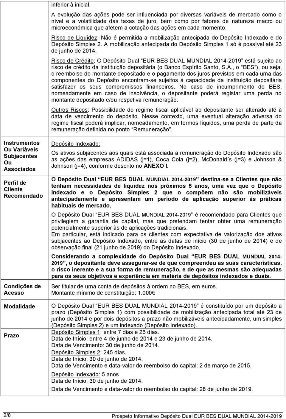 cotação das ações em cada momento. Risco de Liquidez: Não é permitida a mobilização antecipada do Depósito Indexado e do Depósito Simples 2.