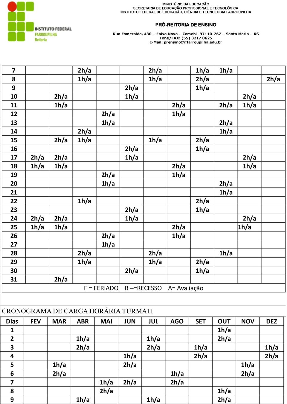 1h/a 27 1h/a 28 2h/a 2h/a 1h/a 29 1h/a 1h/a 2h/a 30 2h/a 1h/a 31 2h/a F = FERIADO R =RECESSO A= Avaliação CRONOGRAMA DE CARGA HORÁRIA TURMA11 Dias FEV MAR ABR MAI JUN