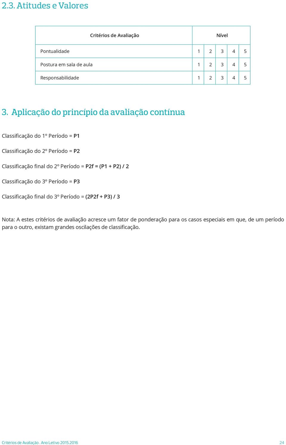 Aplicação do princípio da avaliação contínua P1 P2 P2f = (P1 + P2) / 2 P3 (2P2f + P3)