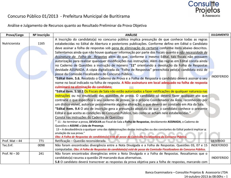 Conforme defino em Edital o Candidato deve assinar a folha de respostas sob pena de eliminação do certame conforme itens abaixo descritos.