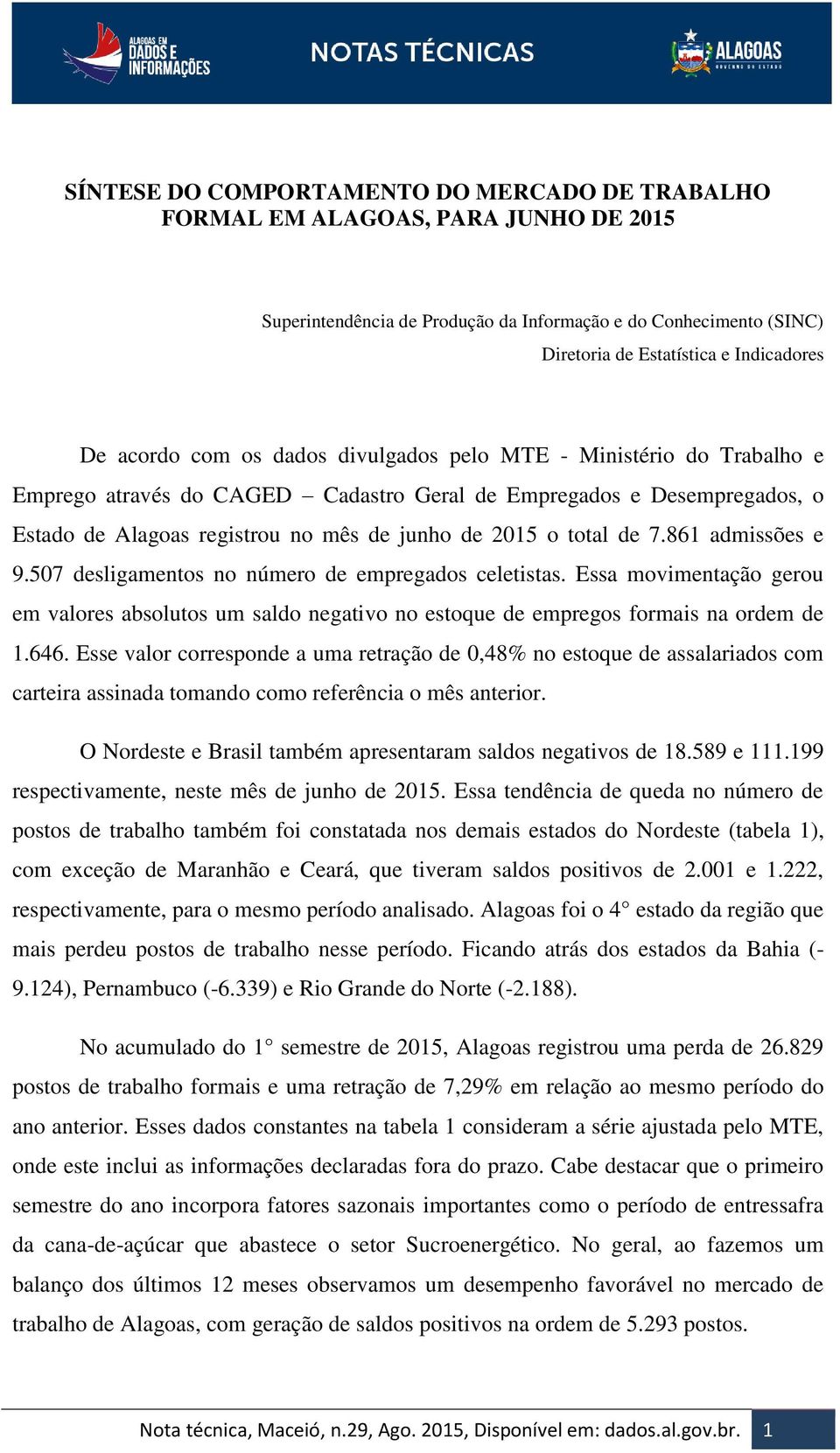 de 7.861 admissões e 9.507 desligamentos no número de empregados celetistas. Essa movimentação gerou em valores absolutos um saldo negativo no estoque de empregos formais na ordem de 1.646.