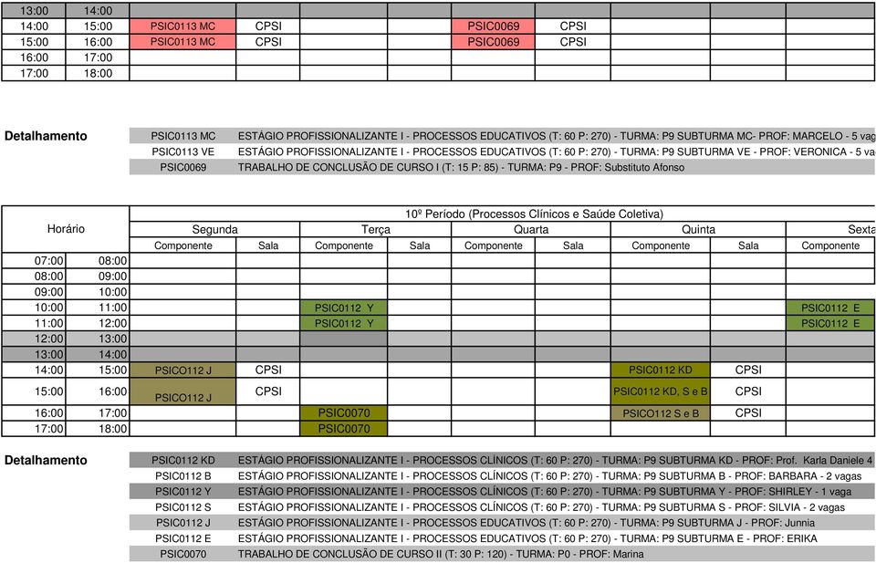 PSIC0069 TRABALHO DE CONCLUSÃO DE CURSO I (T: 15 P: 85) - TURMA: P9 - PROF: Substituto Afonso Horário 10º Período (Processos Clínicos e Saúde Coletiva) Segunda Terça Quarta Quinta Sexta 07:00 08:00