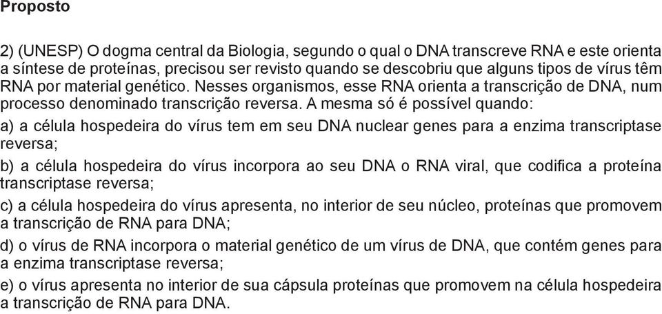 A mesma só é possível quando: a) a célula hospedeira do vírus tem em seu DNA nuclear genes para a enzima transcriptase reversa; b) a célula hospedeira do vírus incorpora ao seu DNA o RNA viral, que