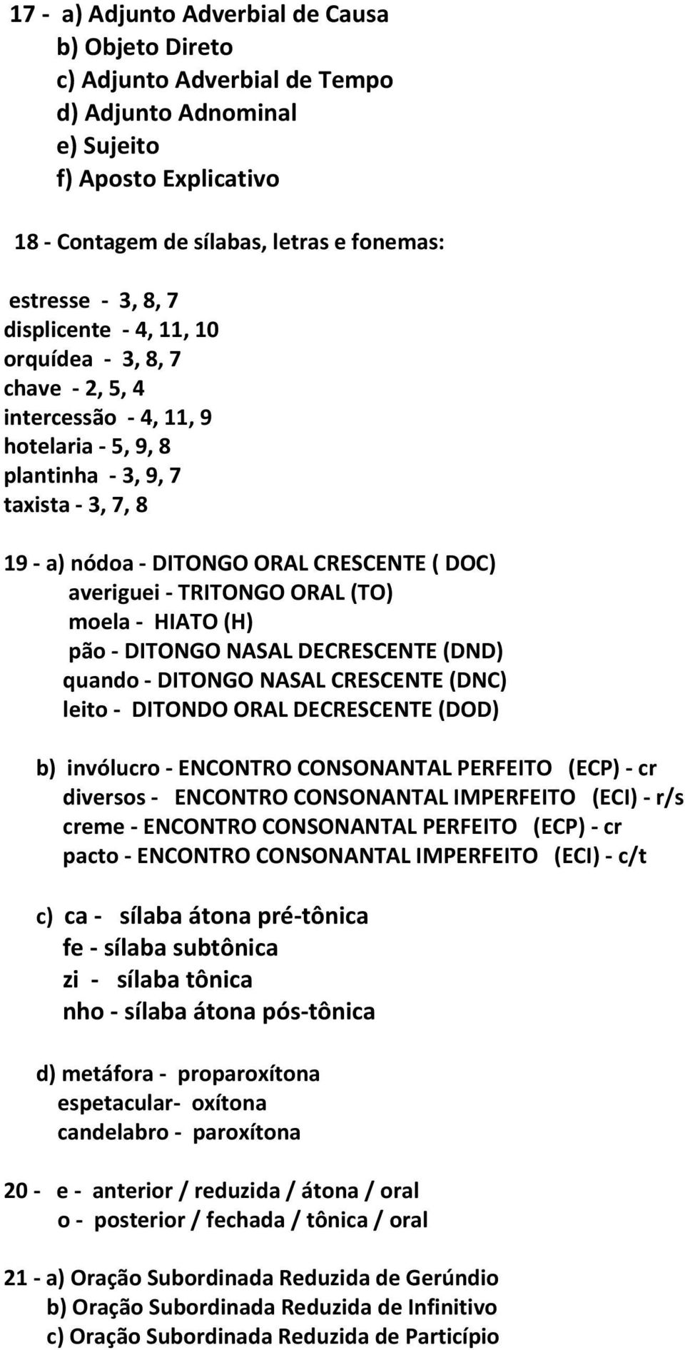 moela HIATO (H) pão DITONGO NASAL DECRESCENTE (DND) quando DITONGO NASAL CRESCENTE (DNC) leito DITONDO ORAL DECRESCENTE (DOD) b) invólucro ENCONTRO CONSONANTAL PERFEITO (ECP) cr diversos ENCONTRO