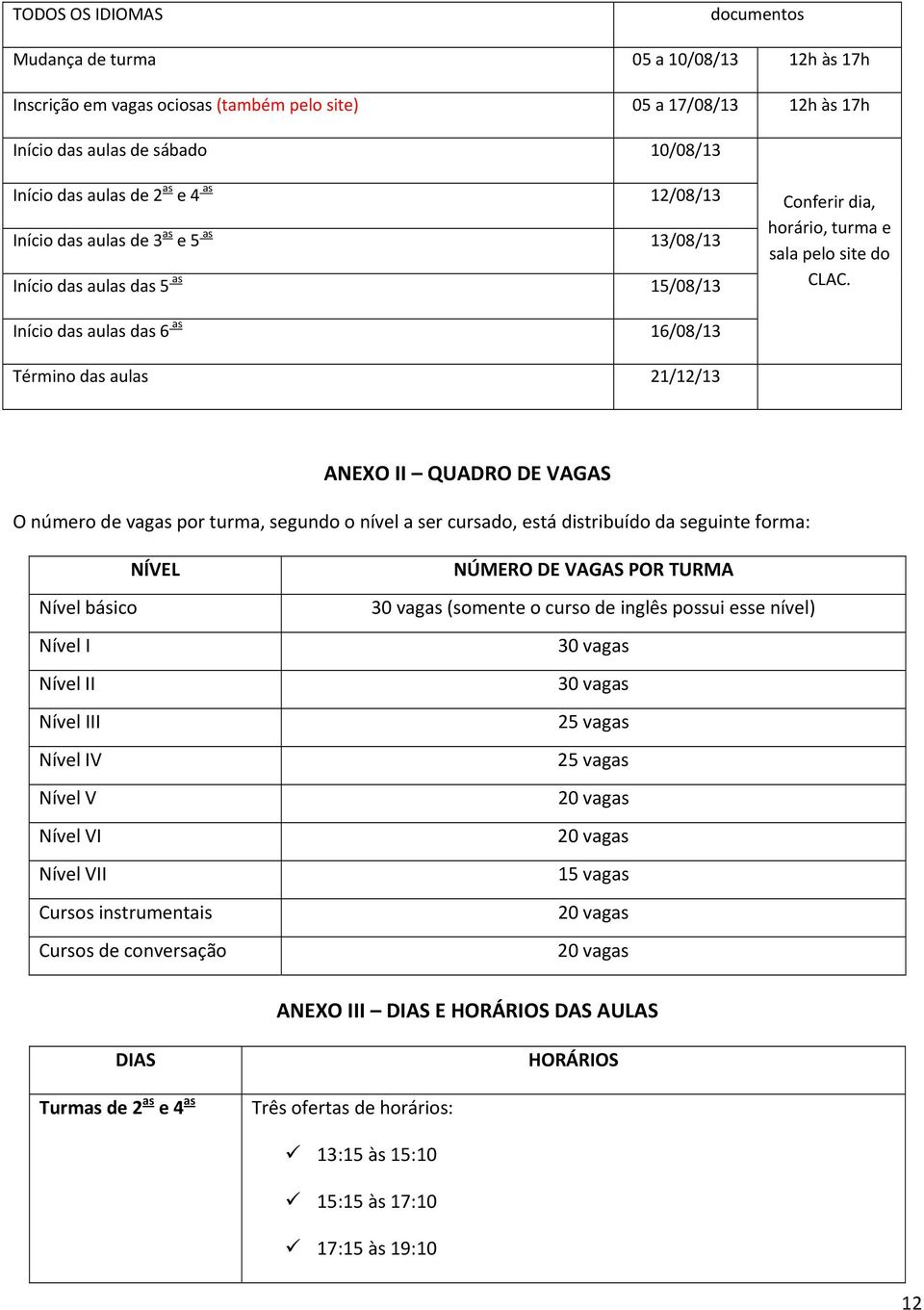 Início das aulas das 6 as 16/08/13 Término das aulas 21/12/13 ANEXO II QUADRO DE VAGAS O número de vagas por turma, segundo o nível a ser cursado, está distribuído da seguinte forma: NÍVEL Nível