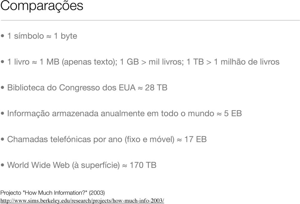 EB Chamadas telefónicas por ano (fixo e móvel) 17 EB World Wide Web (à superfície) 170 TB