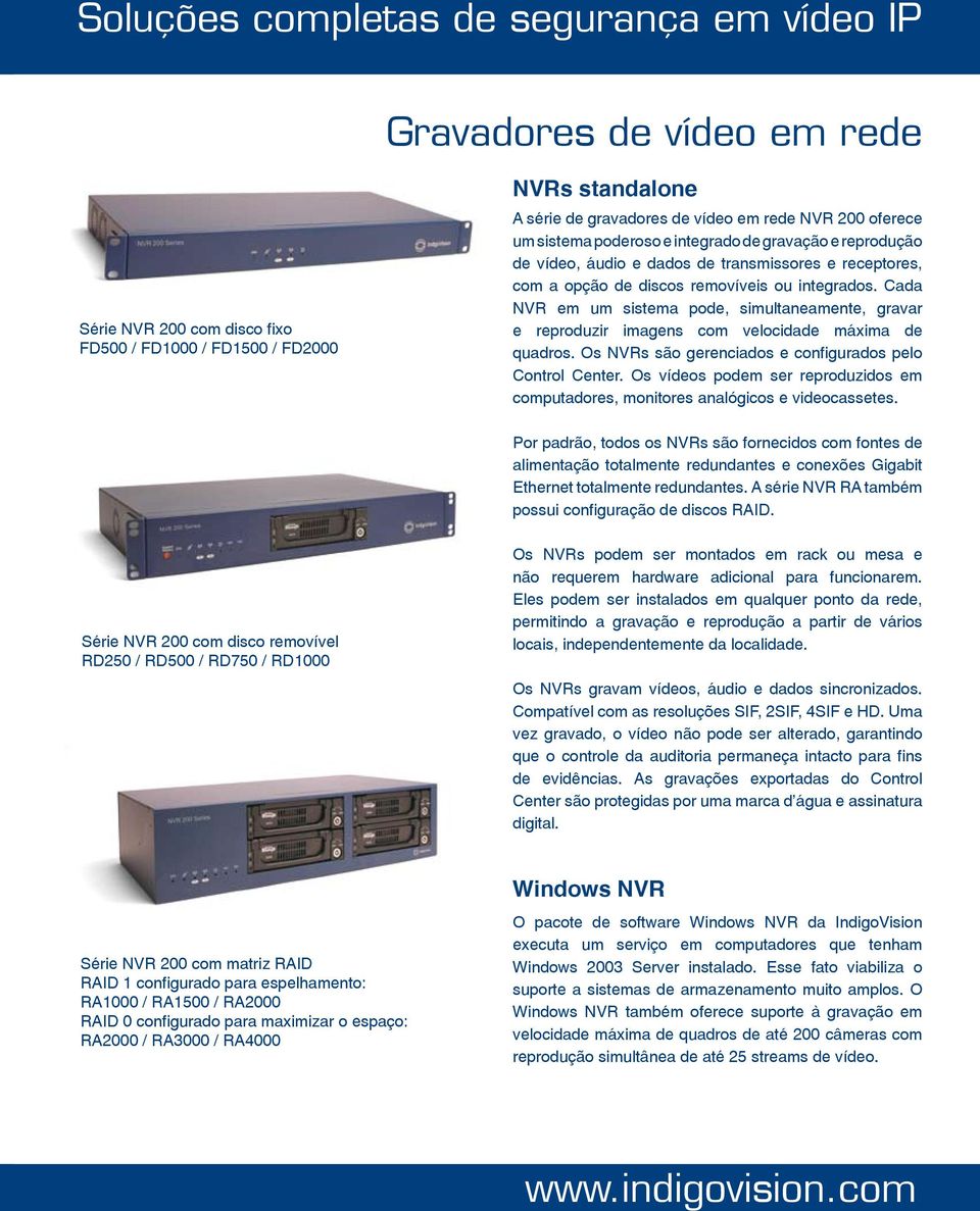 Cada NVR em um sistema pode, simultaneamente, gravar e reproduzir imagens com velocidade máxima de quadros. Os NVRs são gerenciados e configurados pelo Control Center.